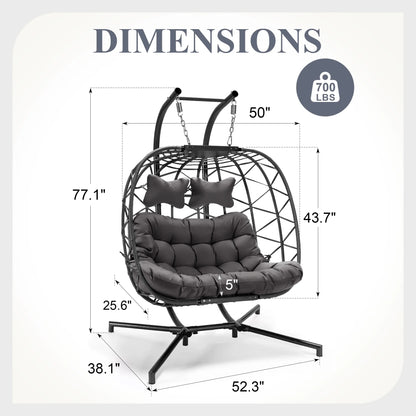 RADIATA Double Wicker Egg Swing Chair with Stand, 2-Person Hanging Egg Chair for Indoor/Outdoor, 700lbs Capacity, Thick Cushions & Headrest,Sturdy Metal Frame��Dark Gray