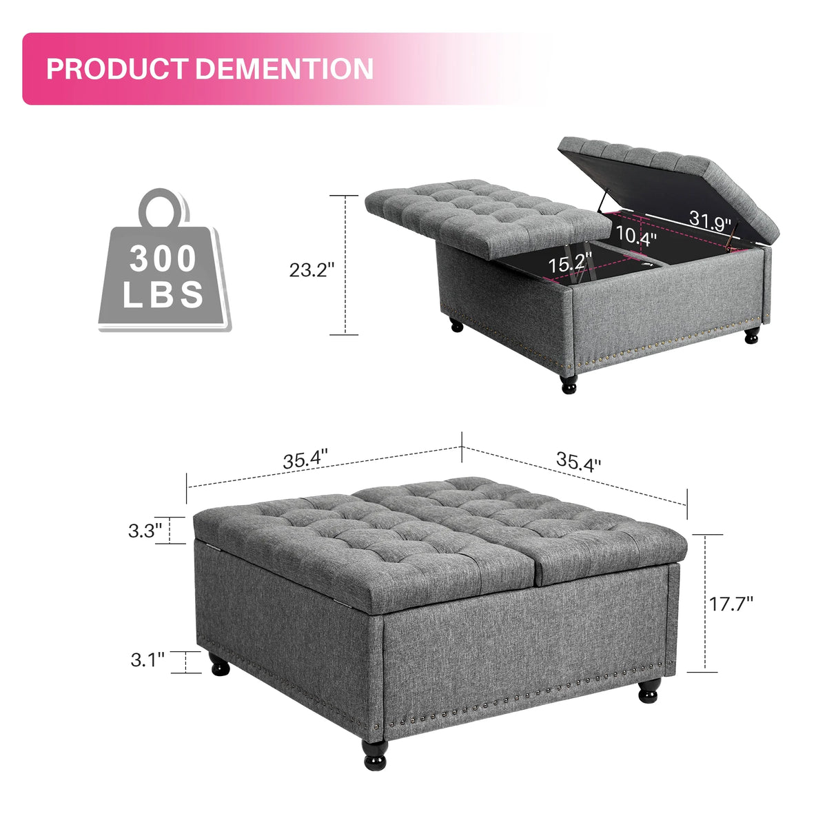 Redlife 35 Inch Large Square Storage Ottoman Bench, Storage Ottoman Coffee Table Large Square Ottoman with Storage Lift Top Tufted Storage Ottoman for Living Room (Brown Leathaire)
