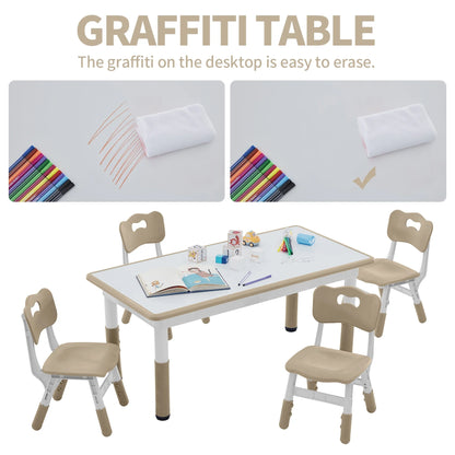 Toddler Table and Chairs Set for 4, 47.2''L x 23.6''W Kids Study Table and Chair Set, Height-Adjustable, Graffiti Desktop, Children Activity Table for Daycare, Classroom, Home