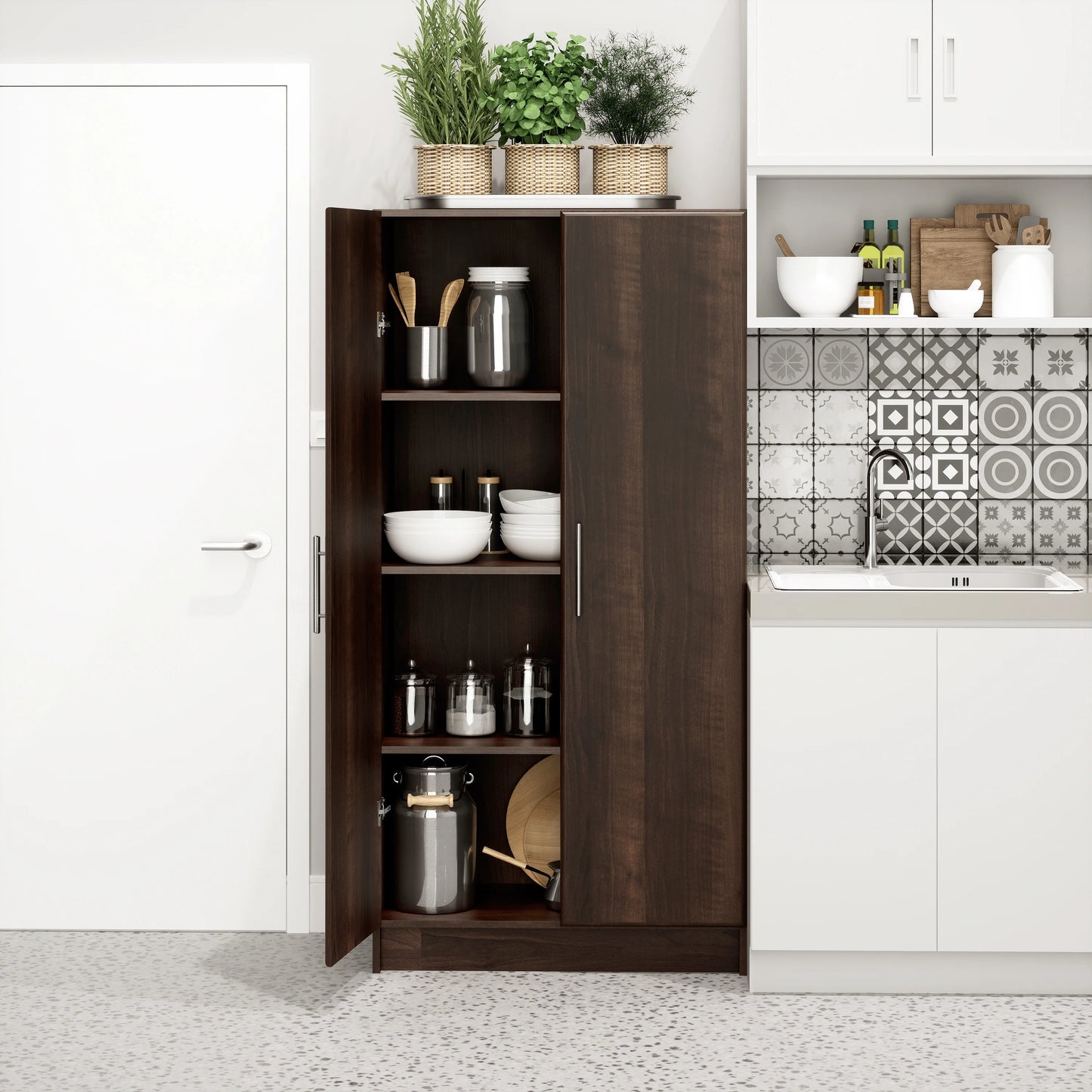 Prepac Adjustable Shelves Cabinet - Functional Tall Garage Table, 16"D x 32"W x 65"H Freestanding Garage Cabinet with 2-Doors, Espresso - EES-3264