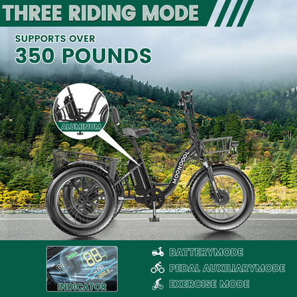 20" x 4" Fat Tire Electric Tricycle for Adult, 7 Speeds Electric Trike 48V 500W Motorized Tricycle , Electric Three Wheels Bicycle for Senior, Aluminum Frame & Rear Basket ,16mph