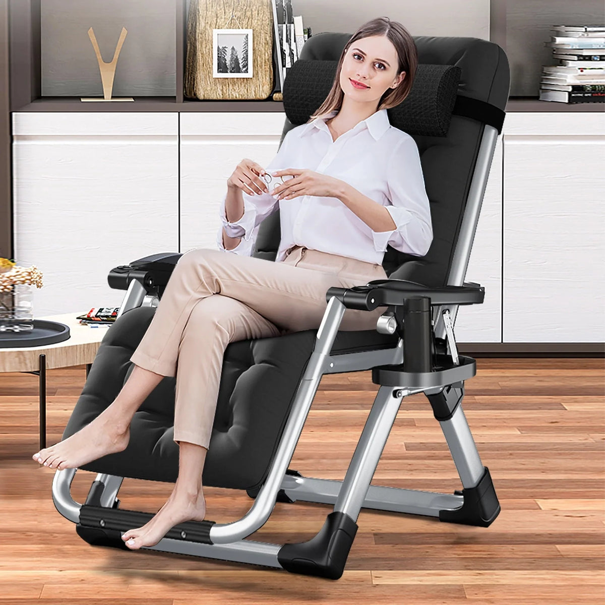 Docred Zero Gravity Chair , Lawn Recliner Folding Chaise Lounge with Removeable Pad Soft Cushion, Headrest and Cup Holder, Camping chairs Patio Fold Lounger Chair
