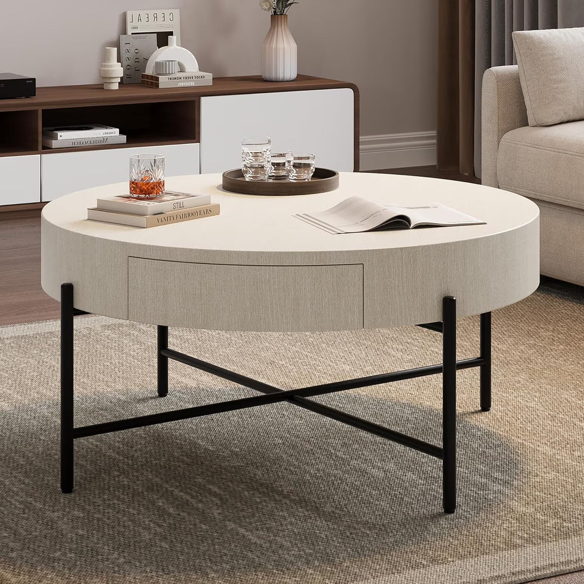 Round Coffee Table with Drawers Circle Living Room Table Wood Accent Coffee Table with Storage White Center Table (Natural)