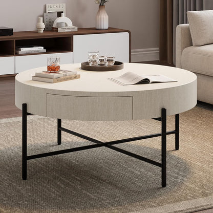Round Coffee Table with Drawers Circle Living Room Table Wood Accent Coffee Table with Storage White Center Table (Natural)