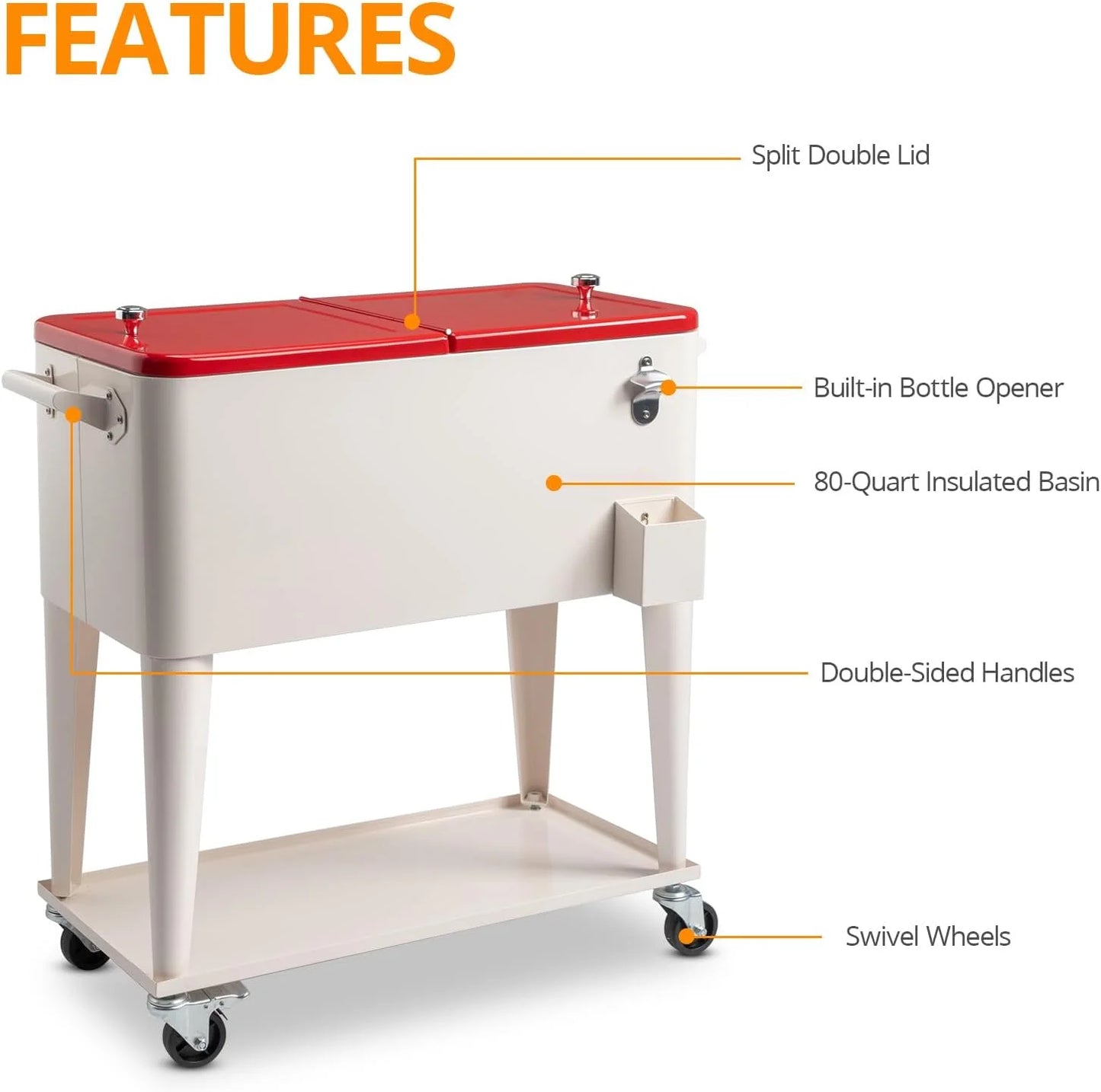 80 Quart Rolling Ice Chest, Portable Bar Drink Cooler with Catch Basin, Bottom Storage Tray and Bottle Opener for Patio Party BBQ Beach Activities