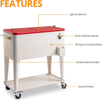 80 Quart Rolling Ice Chest, Portable Bar Drink Cooler with Catch Basin, Bottom Storage Tray and Bottle Opener for Patio Party BBQ Beach Activities