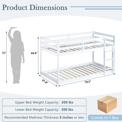 Twin Over Twin Floor Bunk Bed, UHOMEPRO Solid Wood Low Bunk Bed with Safety Rail, Ladder, Heavy Duty Bunk Beds, Space-Saving Bedroom Dorm Furniture, Gray