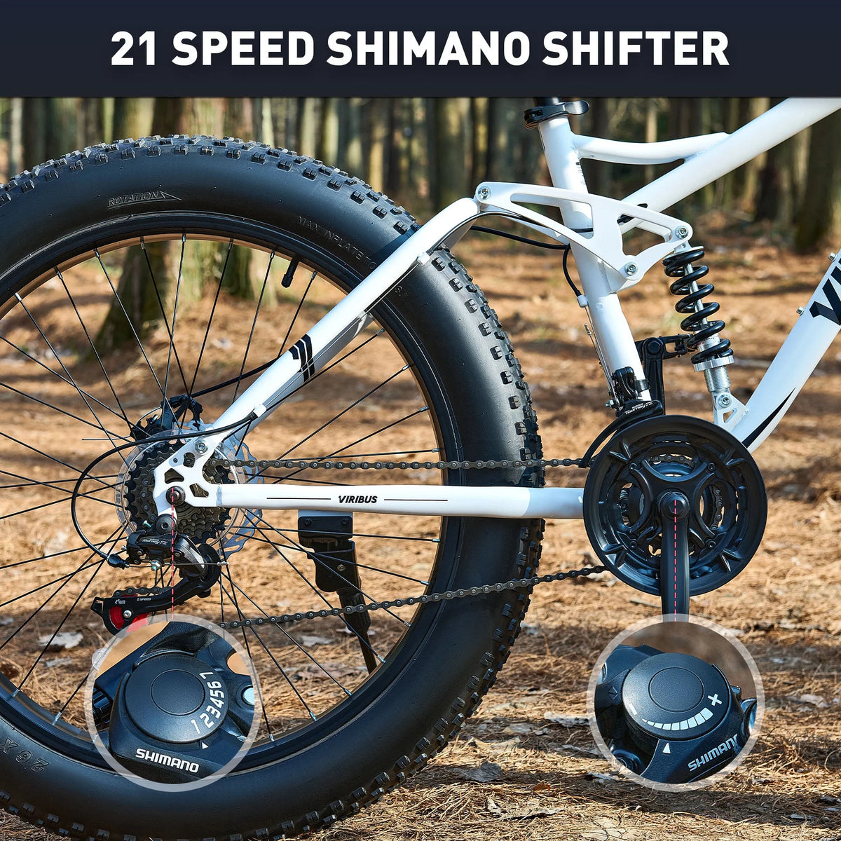 VIRIBUS 26" Fat Tire Mountain Bike Full Suspension Bike with 21 Speeds Disc Brakes White