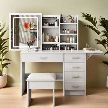Montary Modern Mini Vanity w/Adjustable LED Mirror + Hidden Storage, Padded Stool & Dustproof Shelves (White)