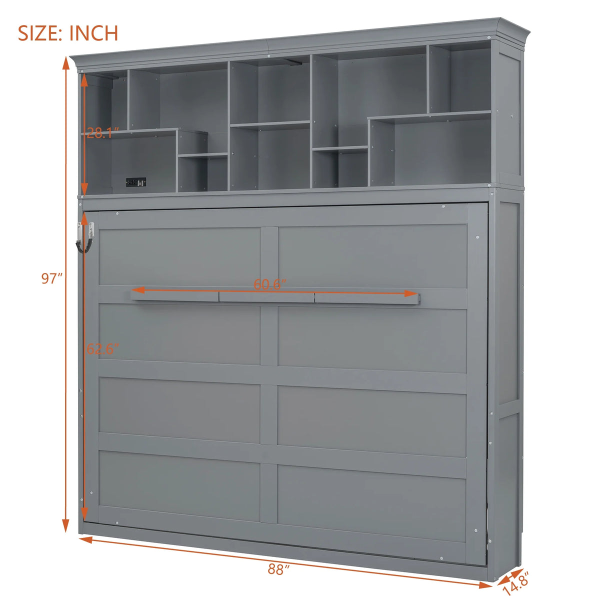 Queen Size Murphy Bed Wall Bed with Top Shelves & USB Charging, Space-Saving Cabinet Bed with Flexible Slats, Gray Modern Foldable Bed