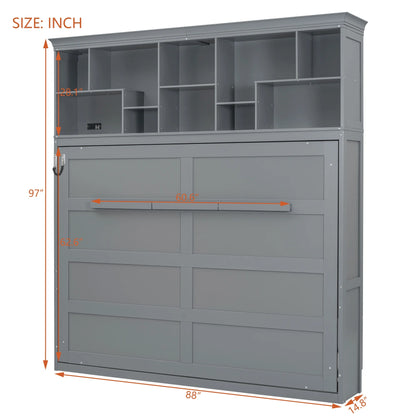 Queen Size Murphy Bed Wall Bed with Top Shelves & USB Charging, Space-Saving Cabinet Bed with Flexible Slats, Gray Modern Foldable Bed