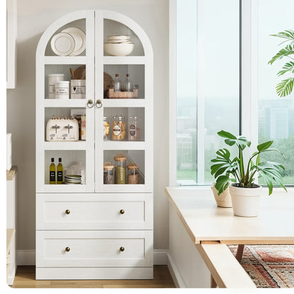 Luku 72" Tall Arched Kitchen Pantry Cabinet, Farmhouse Wood Storage Cabinet with Glass Door, 2 Large Drawers, Freestanding Organizer for Dining Room & Living Room