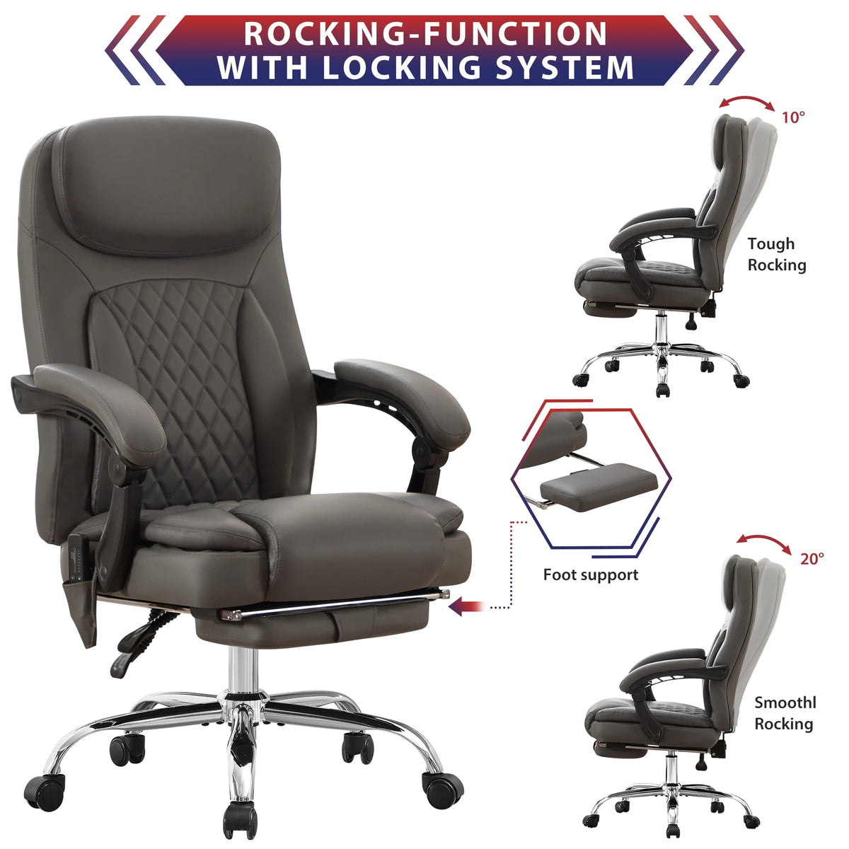 JONPONY Big and Tall Office Chair 500LBS Executive Office Chair Massage and Footrest Ergonomic Computer Desk Chair Reclining High Back Leather Office Chair Lumbar Back Support Swivel Rolling,Black