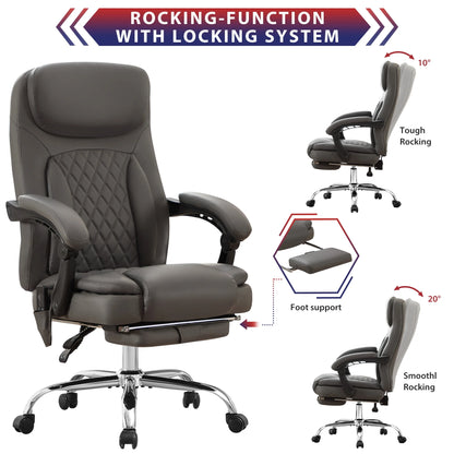 JONPONY Big and Tall Office Chair 500LBS Executive Office Chair Massage and Footrest Ergonomic Computer Desk Chair Reclining High Back Leather Office Chair Lumbar Back Support Swivel Rolling,Black