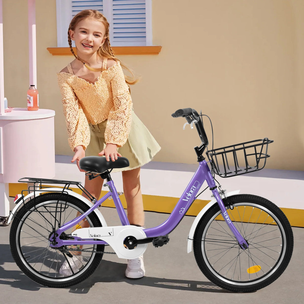 20 Inch Kids Bike for Boys Girls, 1 Speed Children Bicycle with Basket, Rear Seat, Chain Guard, Coaster Brake and V-Brake, Steel Frame Kids Bike for Ages 6-12 Years Old Birthday Gift, Purple