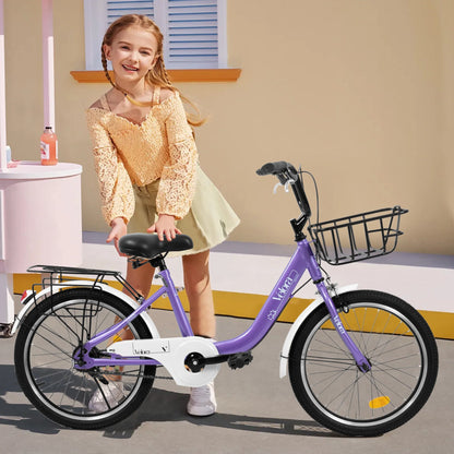 20 Inch Kids Bike for Boys Girls, 1 Speed Children Bicycle with Basket, Rear Seat, Chain Guard, Coaster Brake and V-Brake, Steel Frame Kids Bike for Ages 6-12 Years Old Birthday Gift, Purple