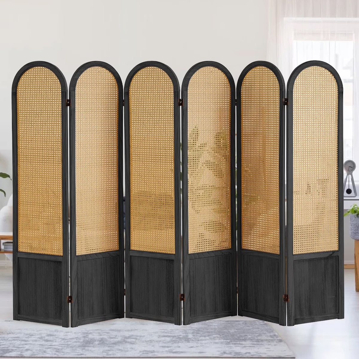 Aletheiawu 6 Panel Rattan Room Divider and Folding Privacy Screens, No Installation Required, Black