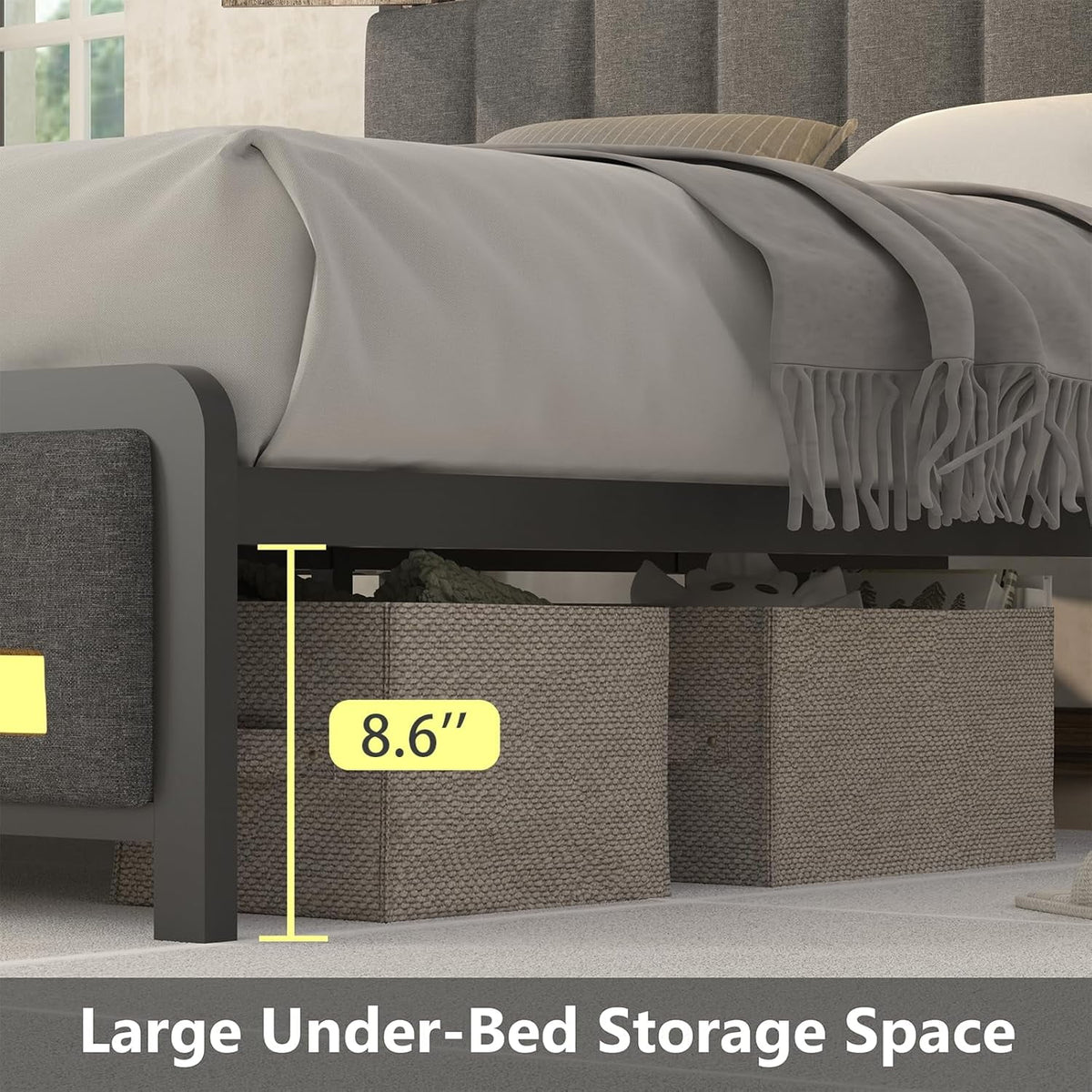 King Size Bed Frame and Bookcase Storage Headboard, LED Upholstered Bed Frame King with Charging Station, Light up King Size Platform Metal Bed Frame, No Box Spring Needed, Charcoal Gray