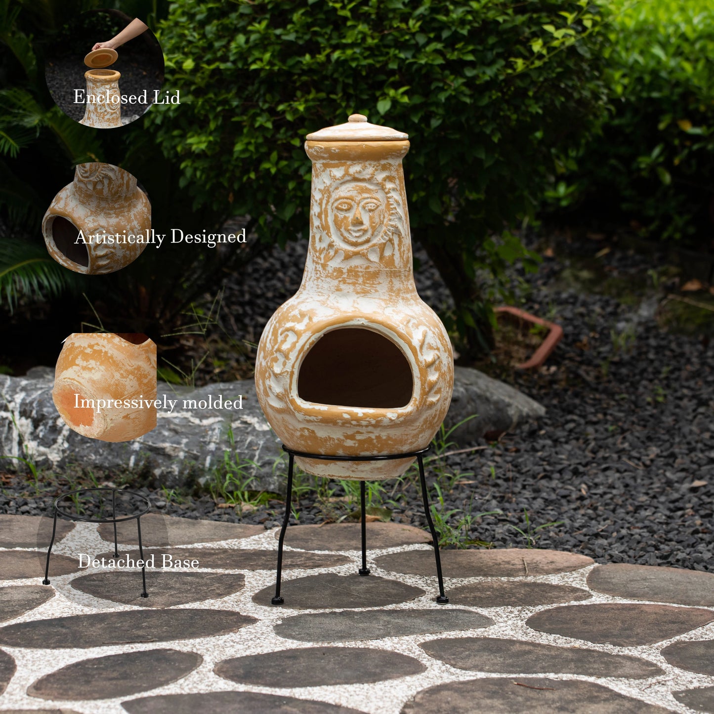 Vintiquewise QI004631.TC Outdoor Clay Chiminea Fireplace Sun Design Wood Burning Fire Pit with Sturdy Metal Stand, Barbecue, Cocktail Party, Cozy Nights Fire Pit, Terra Cotta