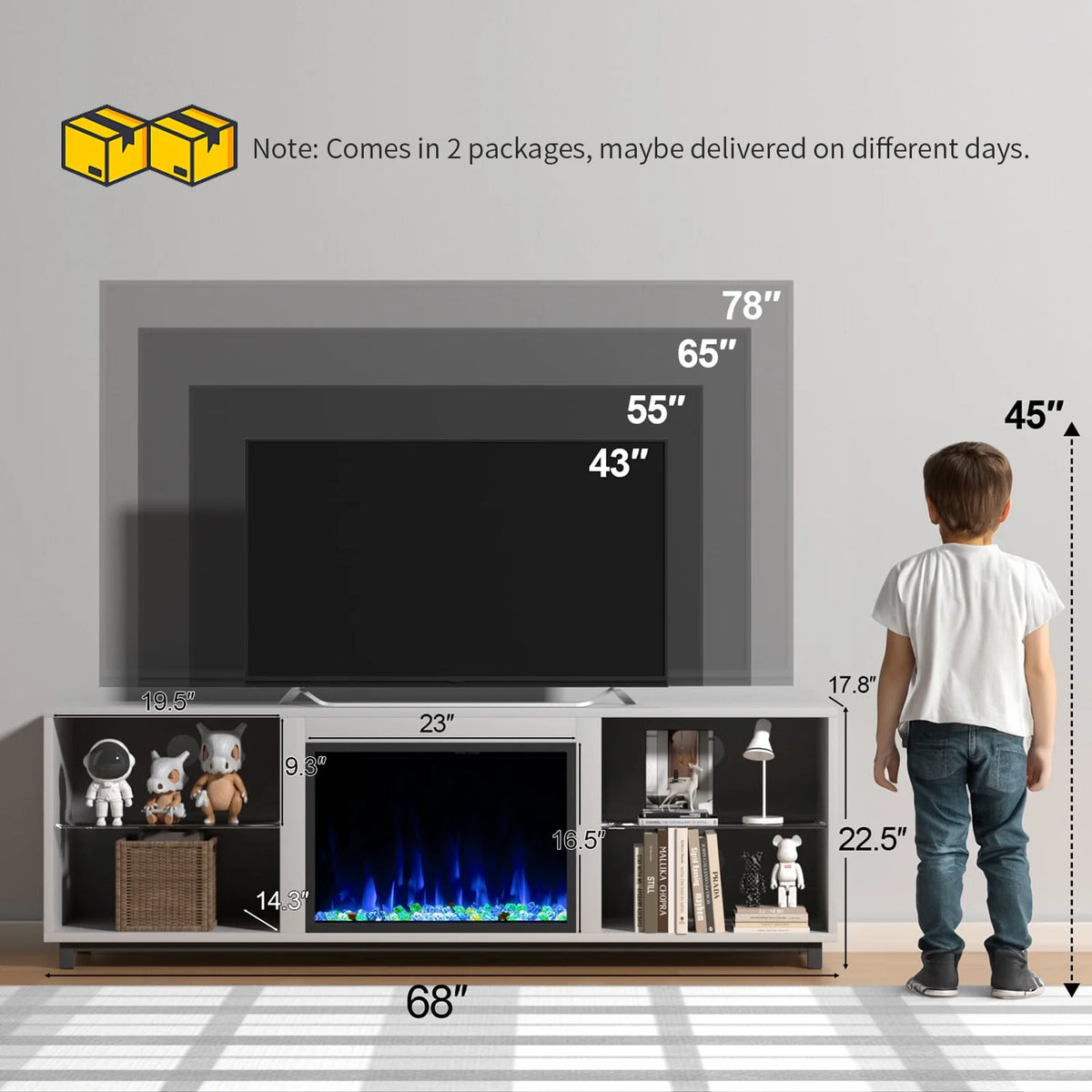 Easoger Fireplace TV Stand, 68'' TV Stand with 23" Electric Fireplace, LED Light Entertainment Center, TV Stands for 80 inch TV, Black