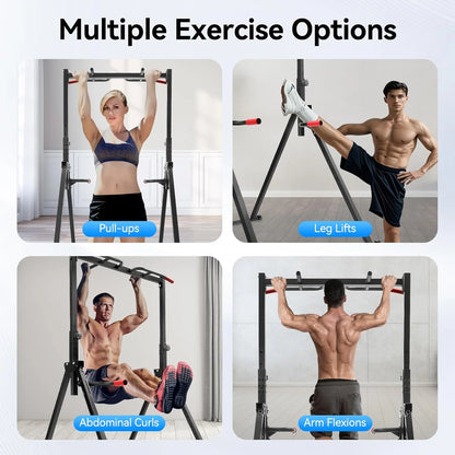Power Tower Pull Up Bar Station Foldable Pull Up Rack Dip Station 5.74-7.55ft Height Adjustable Home Strength Training Fitness Workout Equipment, Up to 440lbs (With double bars)