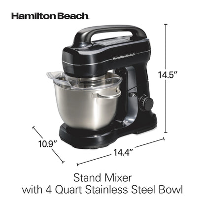 Hamilton Beach 4 Quart Stand Mixer for Kitchen, 7 Speeds, Tilt-Head, Dough Hook, Whisk & Flat Beater, Black