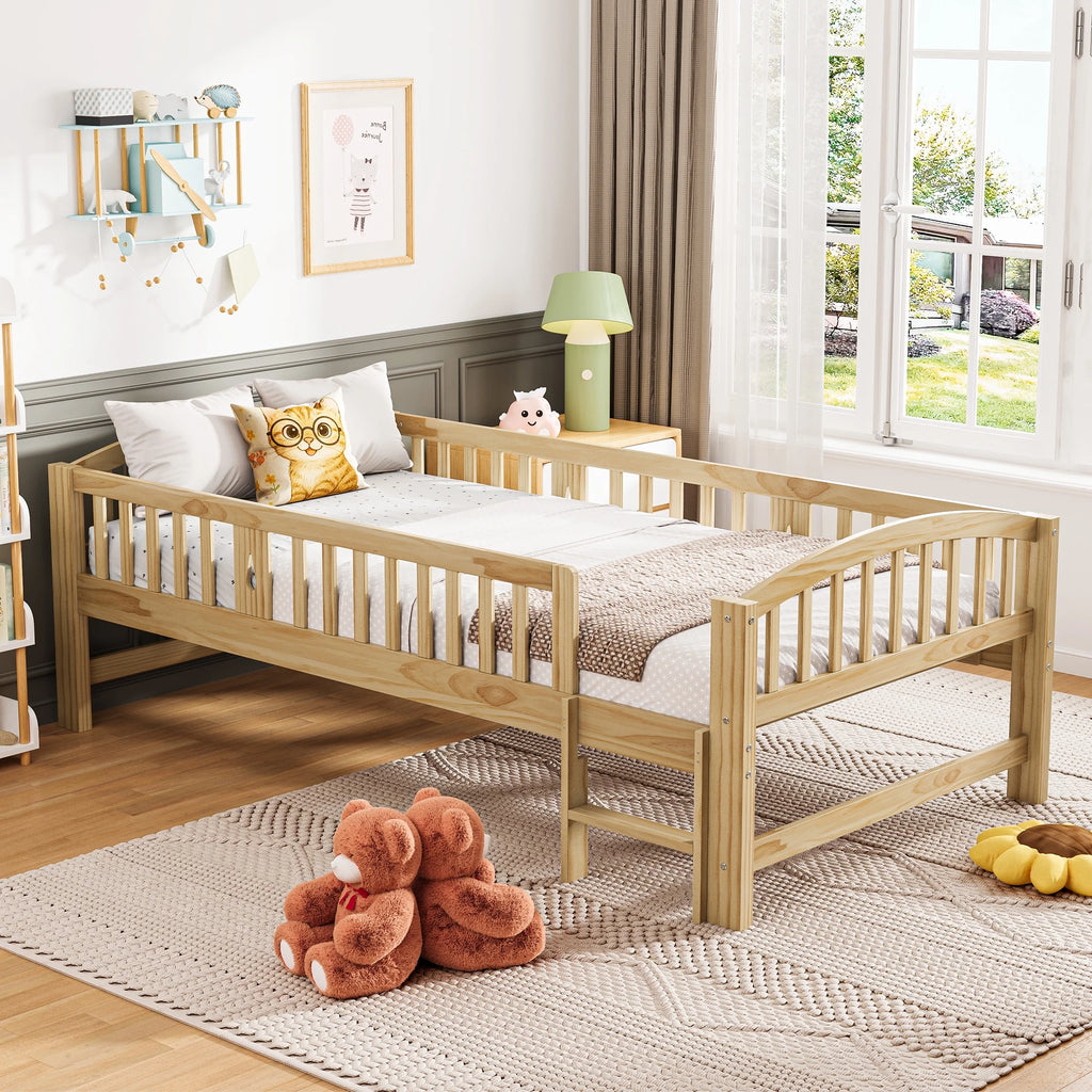 SESSLIFE Twin Size Platform Bed, Solid Wood Twin Bed Frame with Slats, Fence Guardrail Ladder, Twin Floor Bed with Strong Legs for Boys Girls, No Box Spring Needed, Holds 400 lbs, White