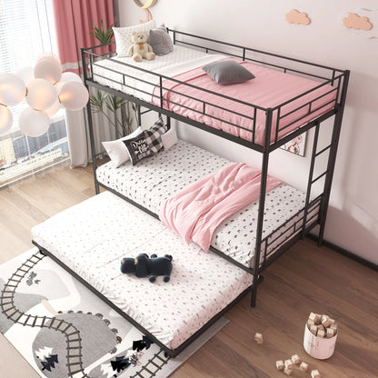 Seizeen Bunk Bed Twin Over Twin Size, Metal Triple Bunk Bed with Trundle, Black Heavy Duty Bunk Bed Frame Per Bed Up to 400LBS, 2 Side Ladders and All-round Safety Guard Rails