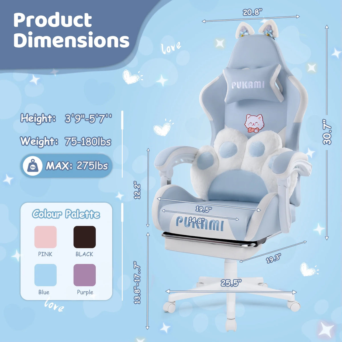 Waleaf Pink Gaming Chair with Cat Paw Lumbar Cushion and Cat Ears for Girls, Reclining Office Computer Chair with Footrest for Adults, Teens