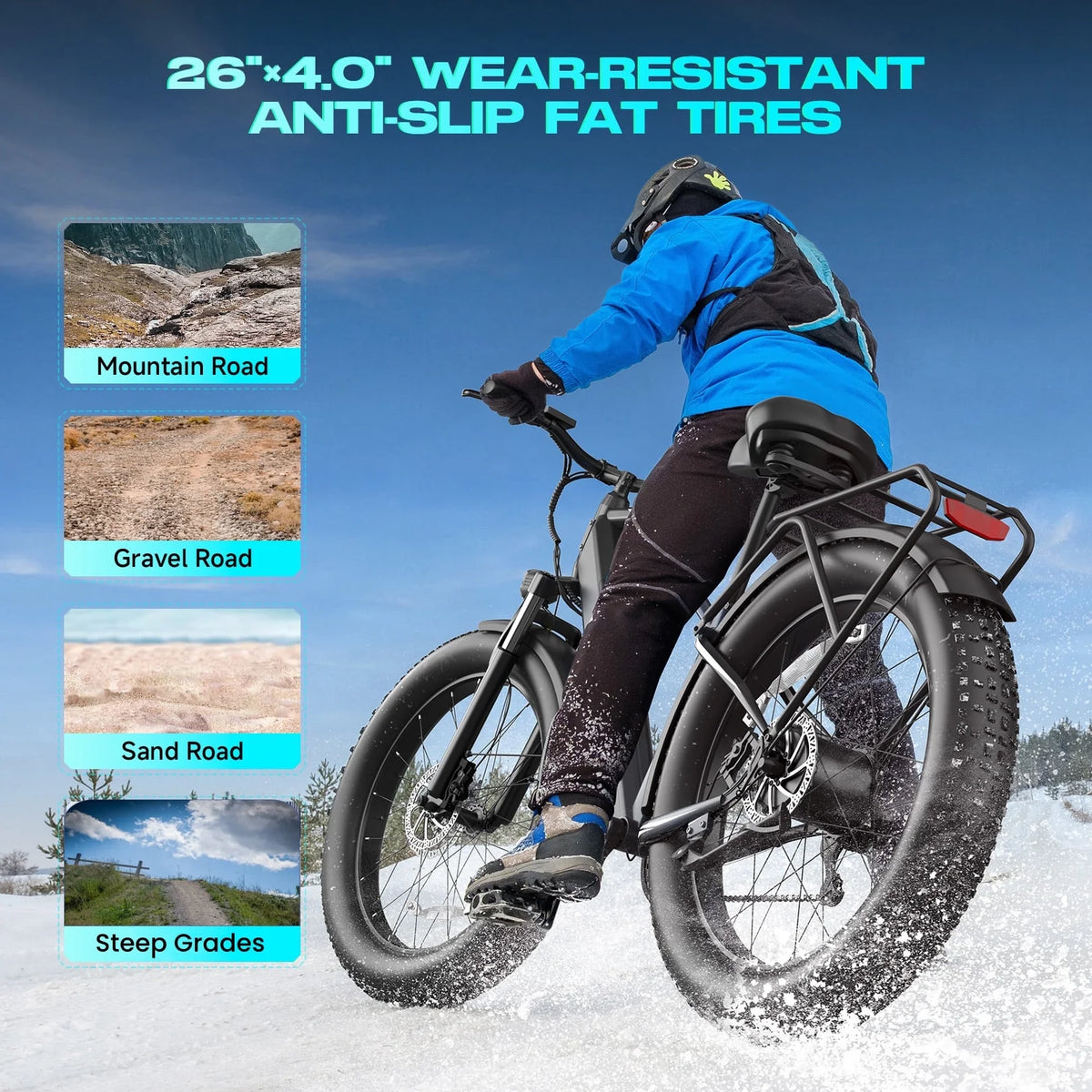 Gocio Electric Bike, 26"x4.0" Fat Tire E-Mountain Bike, Peak 1000W Motor, 28MPH 48V 15Ah Battery Removable Ebike for off Road, Sand, UL2849