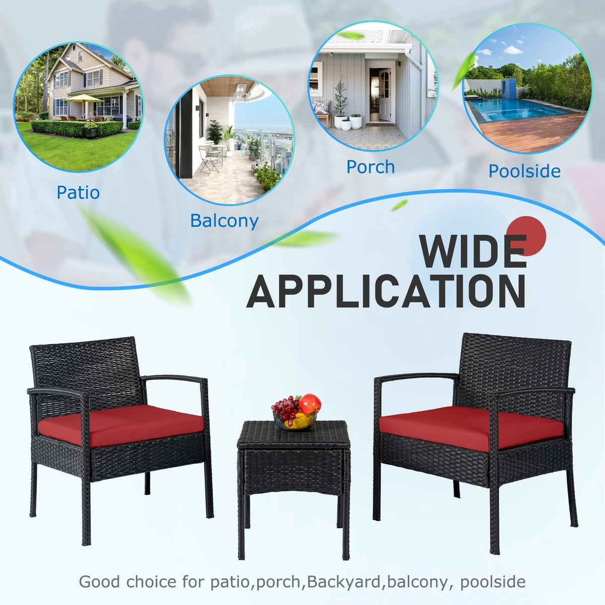 Tappio Outdoor Furniture 3 Piece Patio Bistro Furniture Set, Rattan Conversation Chairs Set with Side Table and Cushions, Patio Furniture Sets for Balcony Garden Porch, Red