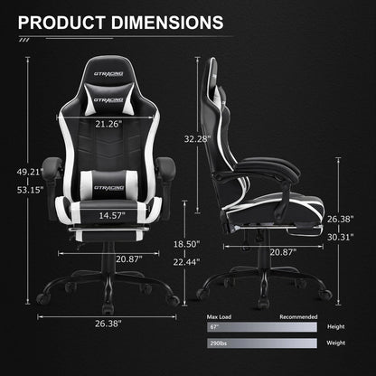 GTRACING GTWD-200 Ergonomic Gaming Chair with Adjustable Pillows and Footrest , White