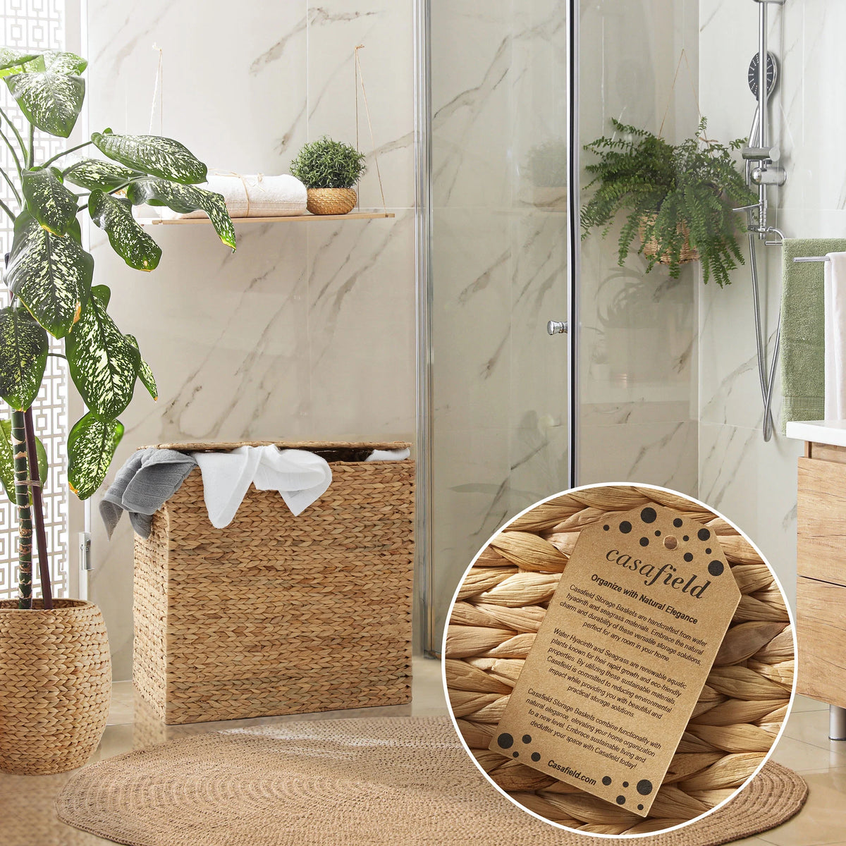 Casafield 2-Section Laundry Hamper with Lid and Removable Liner Bags - Natural, Woven Water Hyacinth Laundry Basket for Clothes