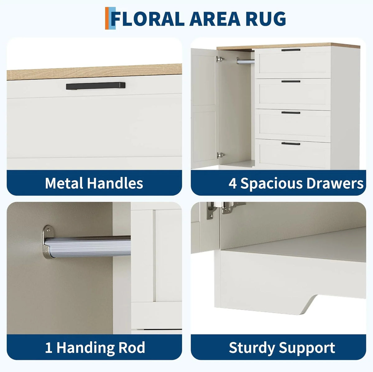 43.3" H Armoire Wardrobe Closet with 4 Drawers & Hanging Rod, Multifunctional Wood Storage Cabinet for Bedroom, Natural Oak