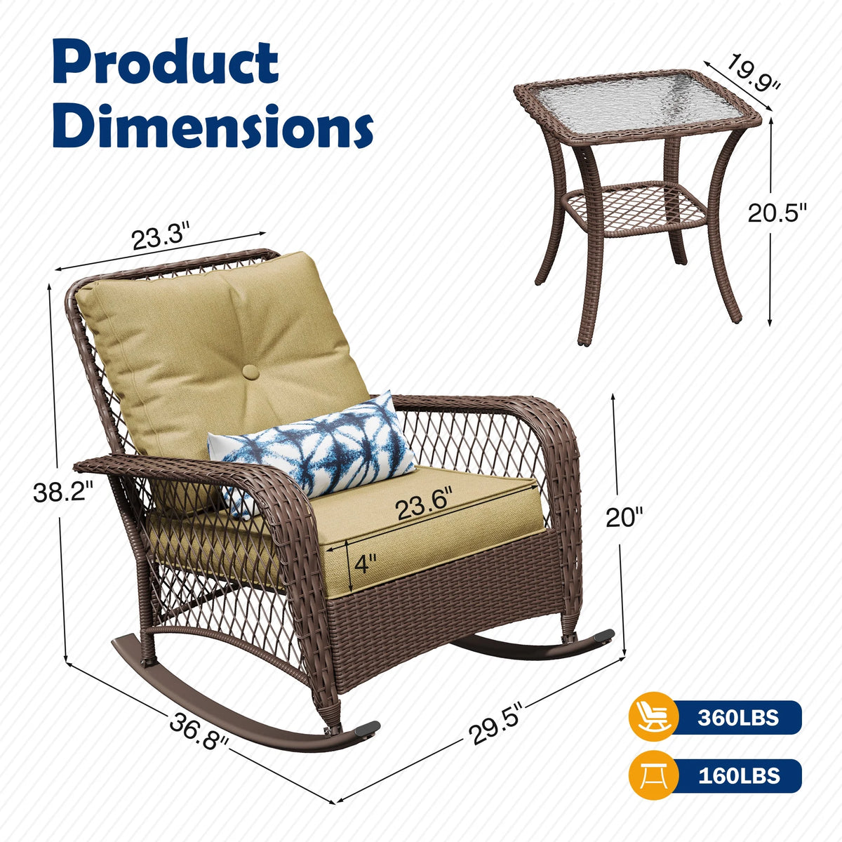 ELPOSUN 3-Piece Outdoor Rocking Chairs, Wicker Patio Furniture with Thickened Cushions and Table for Porch