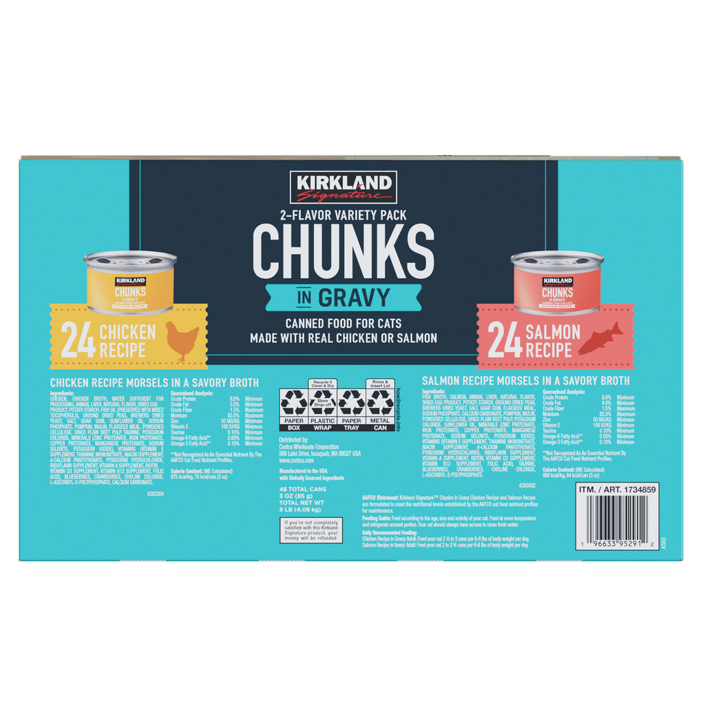 Kirkland Signature Chunks in Gravy, Canned Cat Food Variety Pack, 3 oz, 48-count