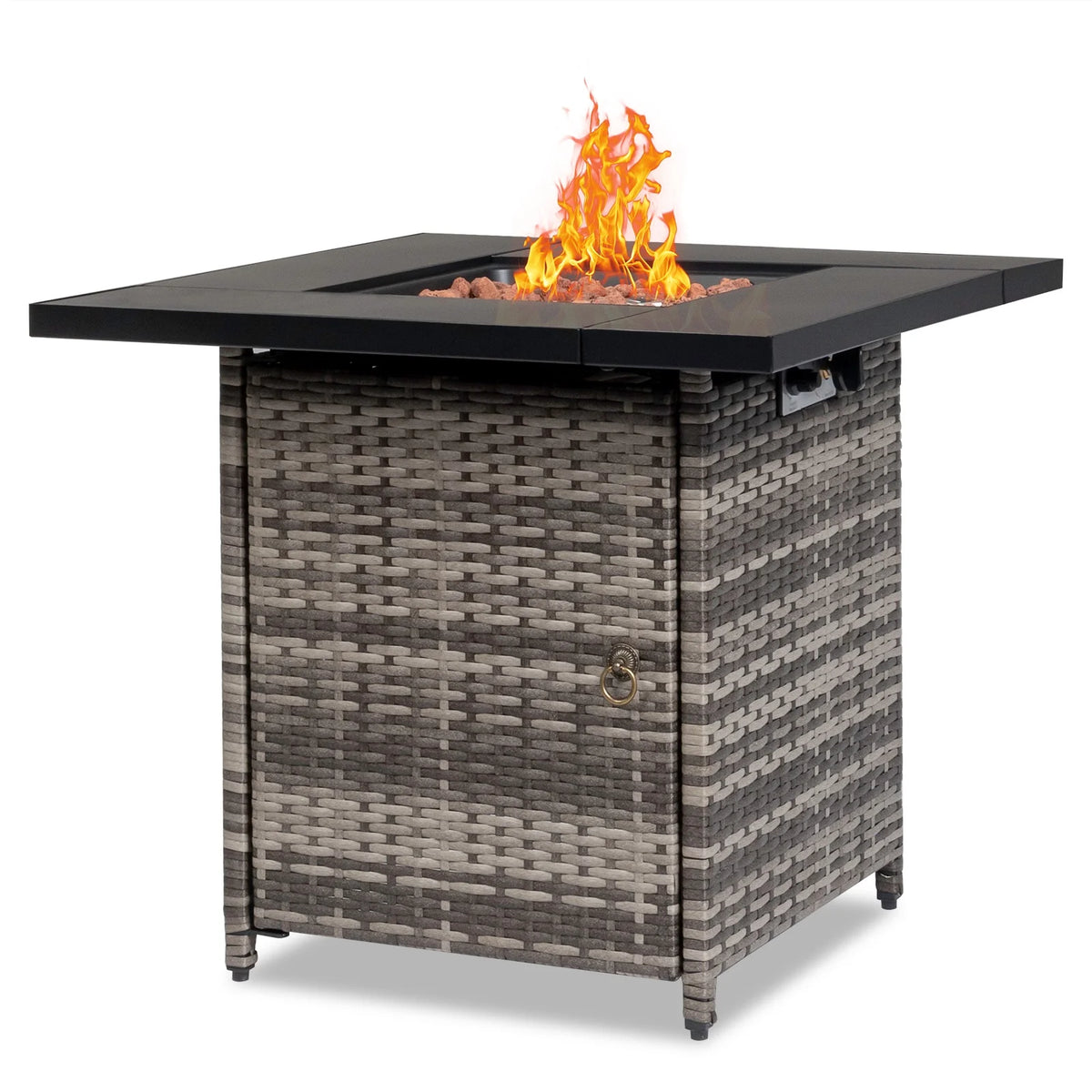 28" Fire Pit Table, Propane Fire Pit with Lid, Lava Rocks, 50000 BTU Outdoor Gas Fire Pit, Metal Square Propane Fire Pit for Outside Garden Backyard Deck Patio, Brown, LLL4008