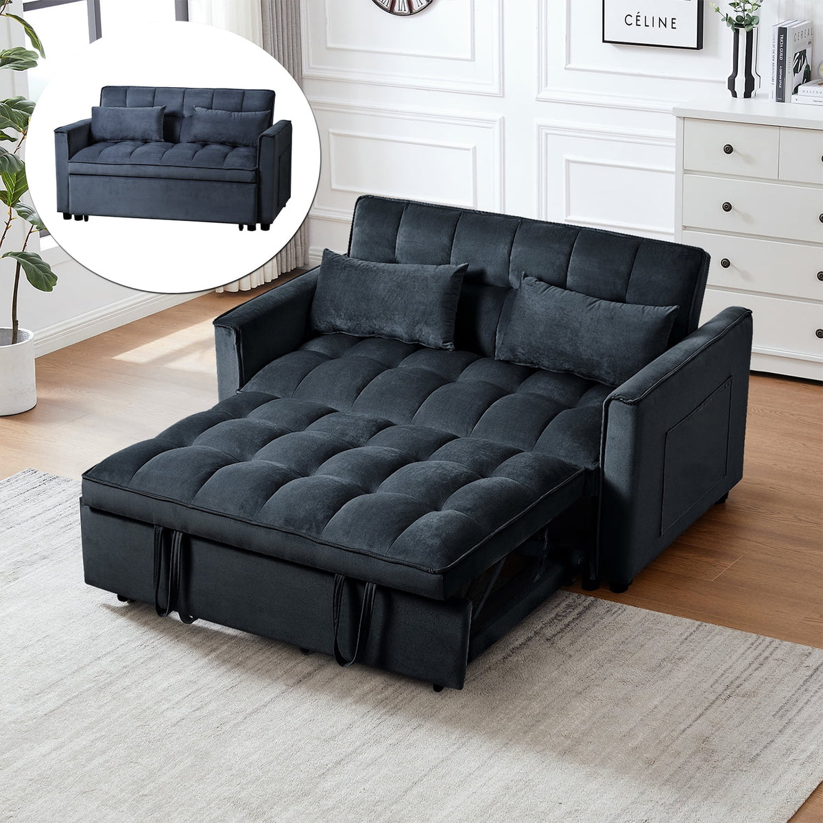 3 in 1 Convertible Sleeper Sofa Bed, Futon Couches for Living Room with Side Pocket | Adjustable Backrest| Velvet Fabric | Pull Out Couch | Love-seat sofa| Sectional Sofa Bed| 2-seat sofa bed