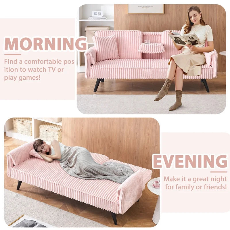 FFH Modern Corduroy Futon Sofa Bed with Adjustable Backrest,Convertible Loveseat Sleeper,Soft Couch with Drop-Down Table and Cup Holder for Living room,Pink