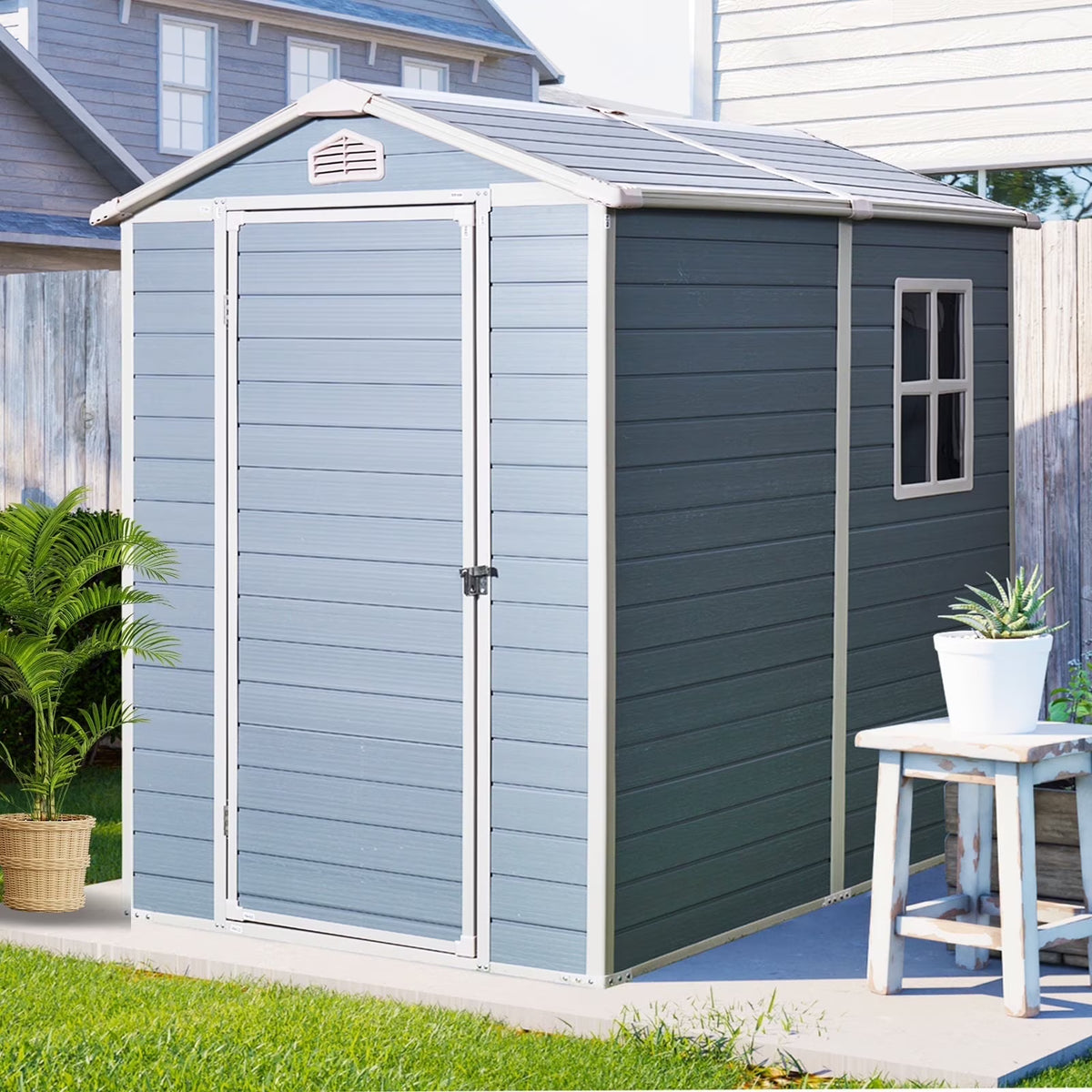 Seizeen Shed and Outdoor Storage, 41 Cu.Ft Small Outdoor Resin Shed with 3 Doors & Floor, 306GAL Deck Box Waterproof Plastic Tool Storage Shed for Cushion Lawn Mower Garbage Cans