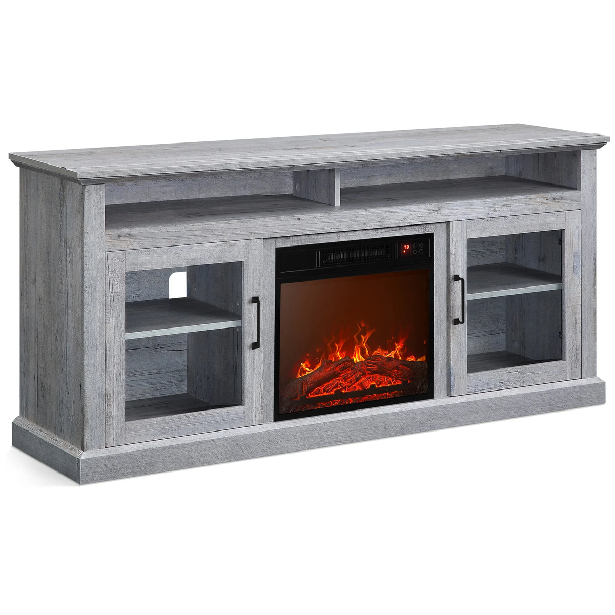 BELLEZE 60" TV Stand with 18" Electric Fireplace, Traditional TV Stand for TVs up to 65", Modern Media Entertainment Center Console Table with Open Storage Shelves & Cabinets - Cayman (Rustic Grey)