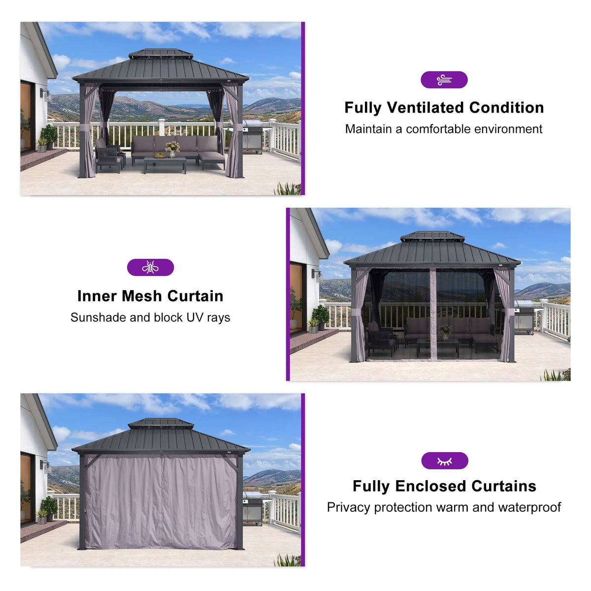 PURPLE LEAF 8' X 8' Gazebo Outdoor Gazebo Permanent Hardtop Gazebo with Galvanized Steel Double Roof for Patio Backyard Deck Aluminum Gazebo with Netting and Curtains Grey