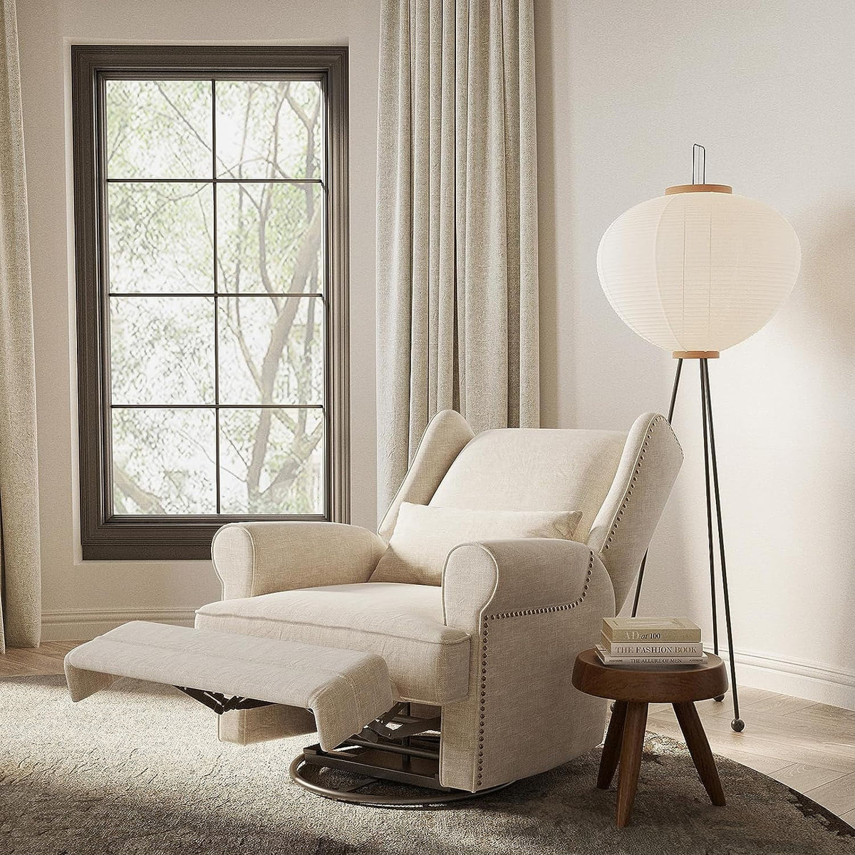 Royalcraft Swivel Nursery Glider Recliner, Comfy Upholstered Glider Chair with Lumbar Pillow and Footrest, Beige