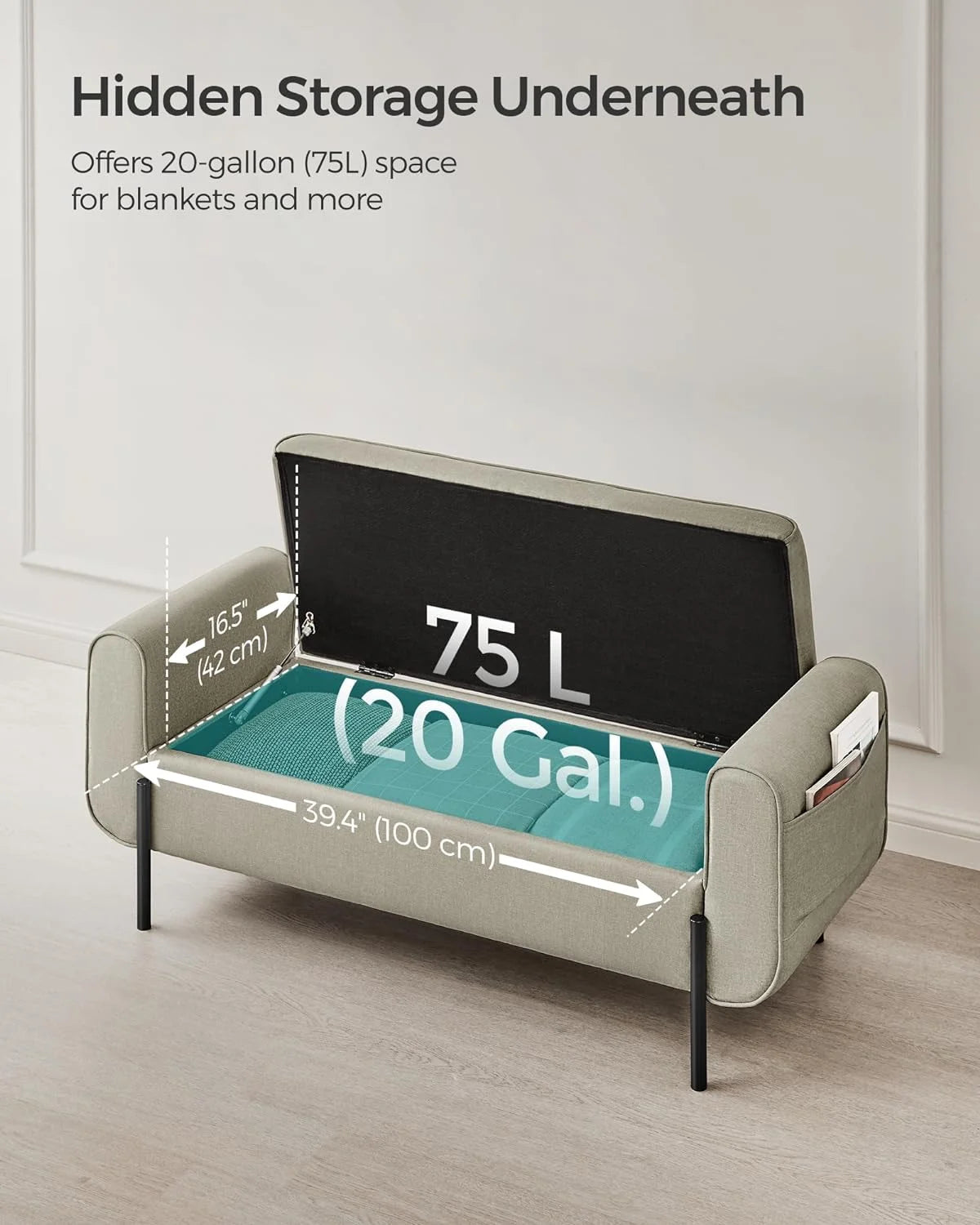 SONGMICS 46.5" Storage Ottoman Bench Storage Bench Bedroom Bench 330lb Load Capacity Solid Wood Legs Light Gray