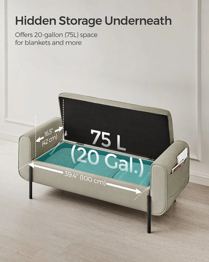 SONGMICS 46.5" Storage Ottoman Bench Storage Bench Bedroom Bench 330lb Load Capacity Solid Wood Legs Light Gray