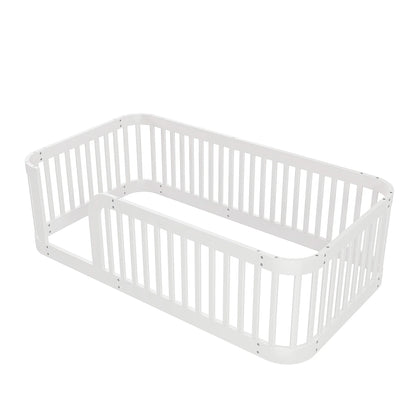 Euroco Twin Size Floor Bed with Fence for Kids Teens and Toddlers, White