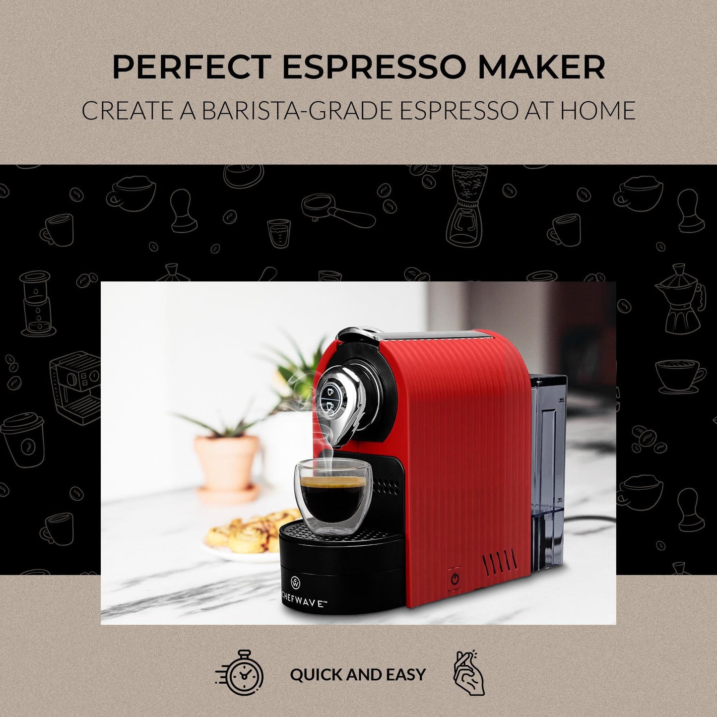 ChefWave Espresso Machine for use with Nespresso Capsules (Red), Holder and Cups