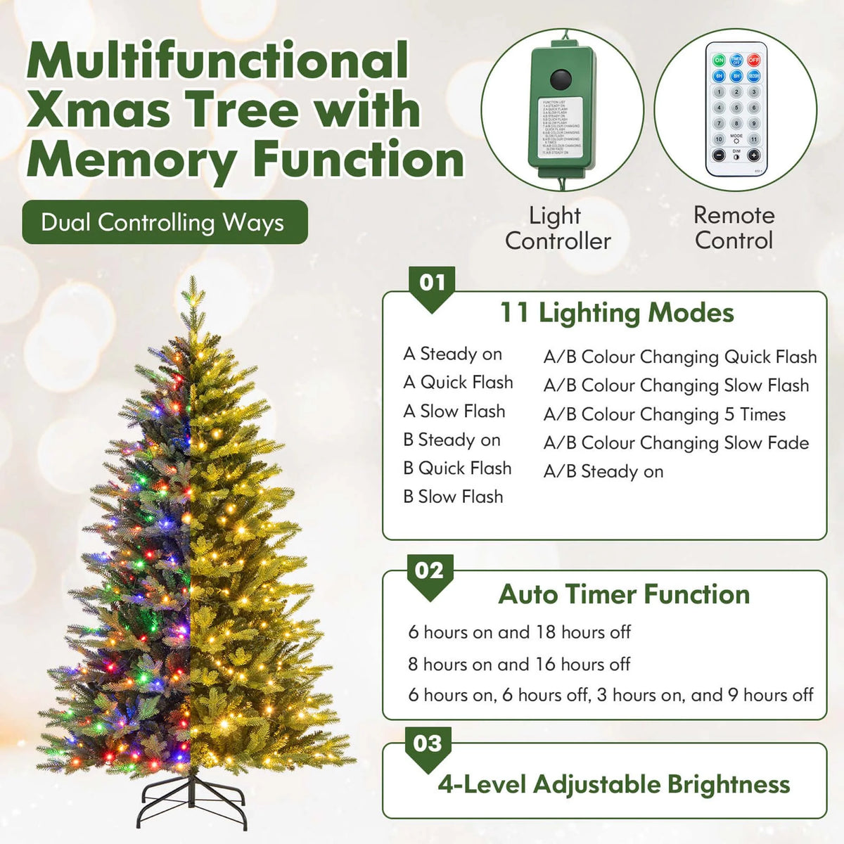 Costway 5 FT Pre-Lit Christmas Tree Hinged with 250 Multi-color Lights & 844 Branch Tips