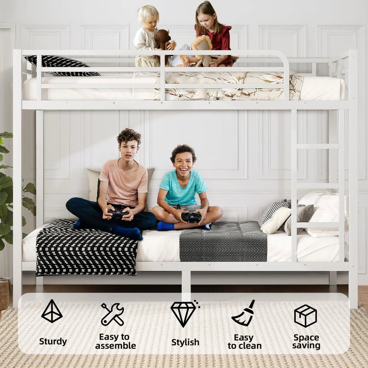 Miniyam Full over Full Metal Bunk Bed Frame with Dual Guardrails and Ladders, Heavy-Duty Quiet Design, Black