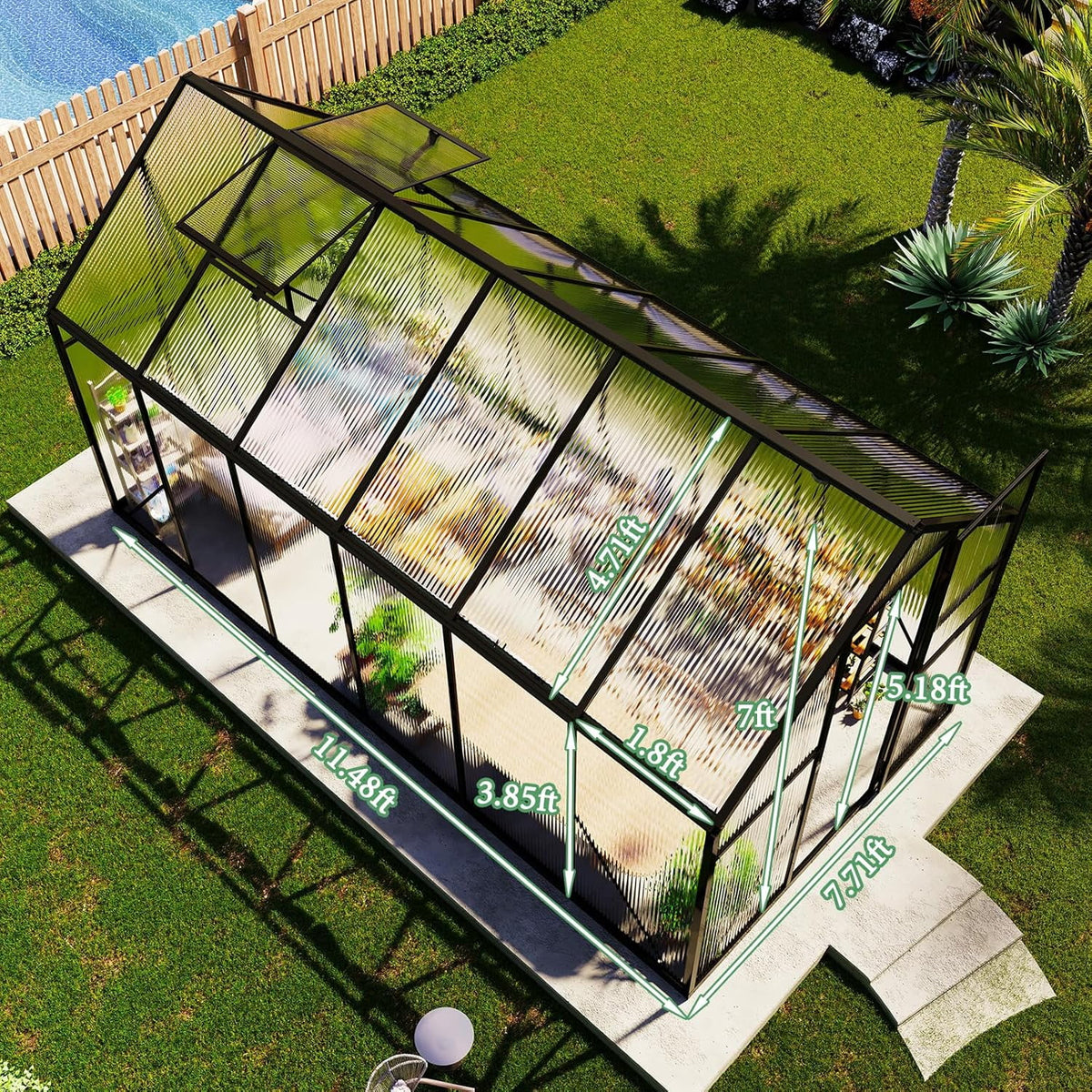 Jocisland 8x8x7 FT Polycarbonate Walk-In Greenhouse with Aluminum Frame, 2 Top-Opening Windows & 2 Swing Doors, Heavy Duty for Outdoor Garden Use, Black